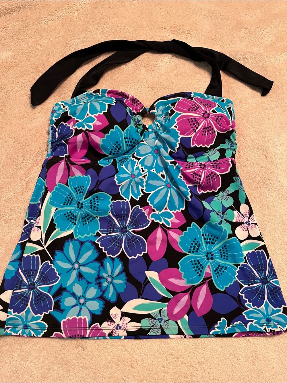 Black Halter Floral Tankini Top in Blue & Pink